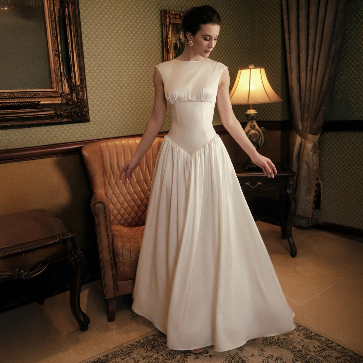 May include: A sleeveless, ivory-colored wedding dress with a fitted bodice and a flowing skirt. The dress features a high neckline and a defined waist. The bride is standing in a room with vintage decor.