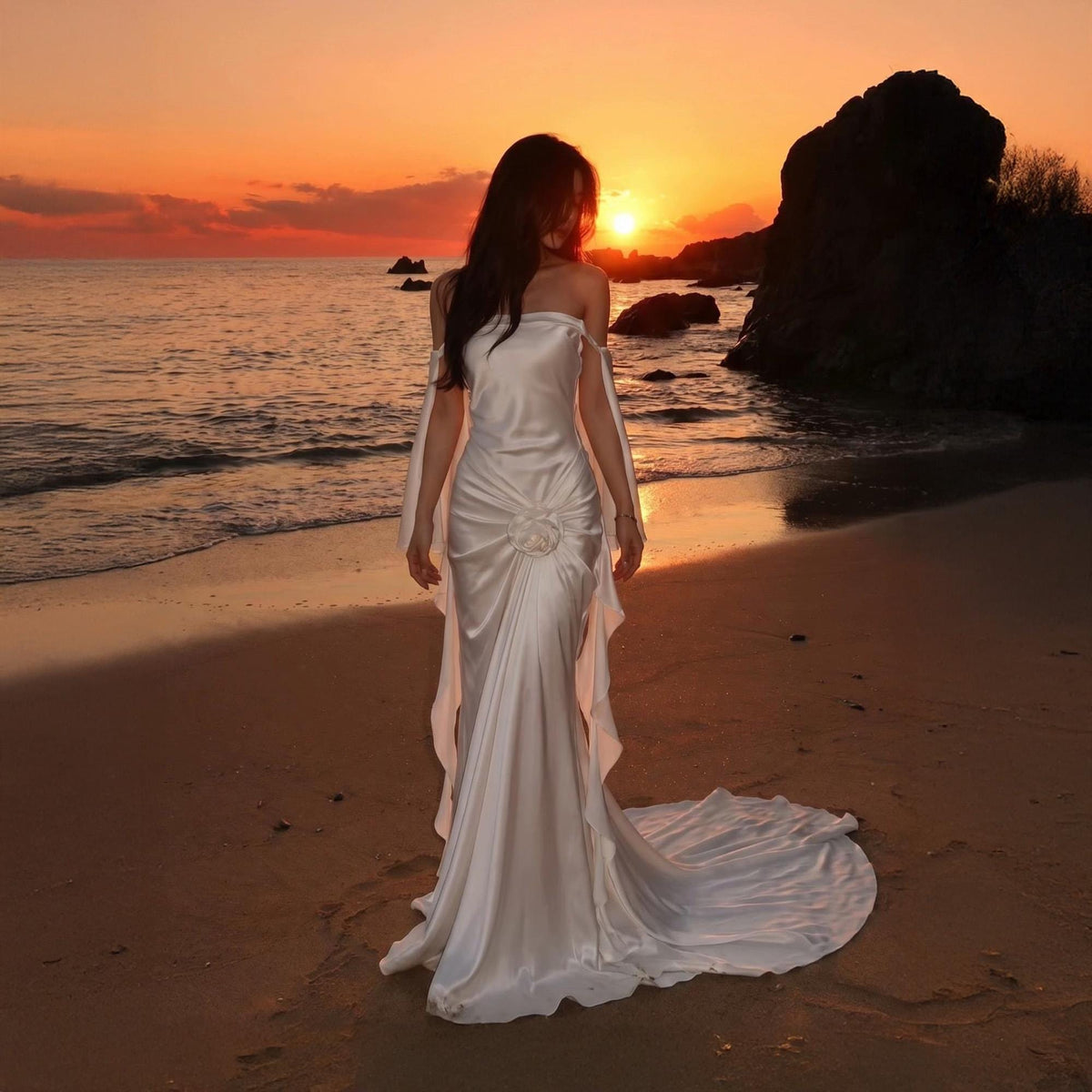 Luxury Silk Wedding Dress, Open Back Satin Bridal Gown, Minimalist Ceremony Attire, Beach Elopement Outfit, Elegant Reception Wear