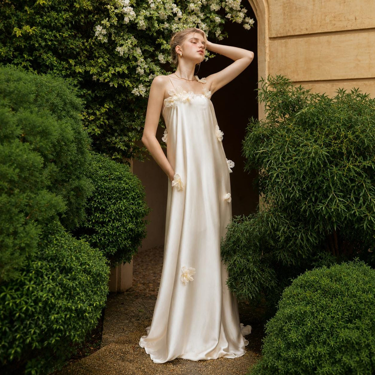 Silk Wedding Dress, Open Back Bridal Gown, Handmade Floral A-Line Maxi, Romantic Guest Outfit, Elegant Prom Look