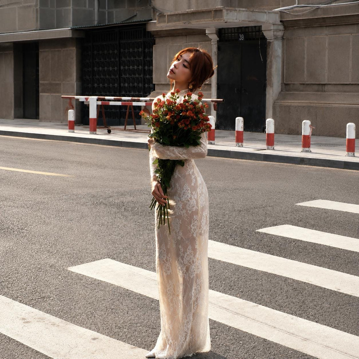 Minimalist Bridal Lace Gown, High Neck Long Sleeve Dress, Doll Sleeve Reception Outfit, Elopement Ceremony Wear