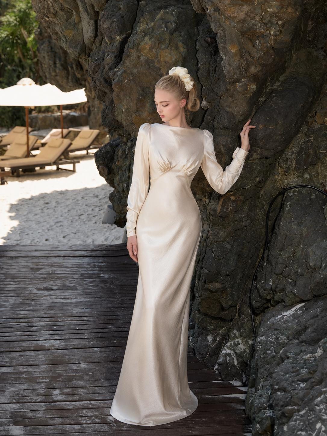May include: A floor-length, long-sleeved cream-colored satin gown featuring a boat neckline, gathered detailing at the bodice, and a smooth, flowing skirt. The dress has a fitted silhouette with structured shoulders and long sleeves with cuffs.