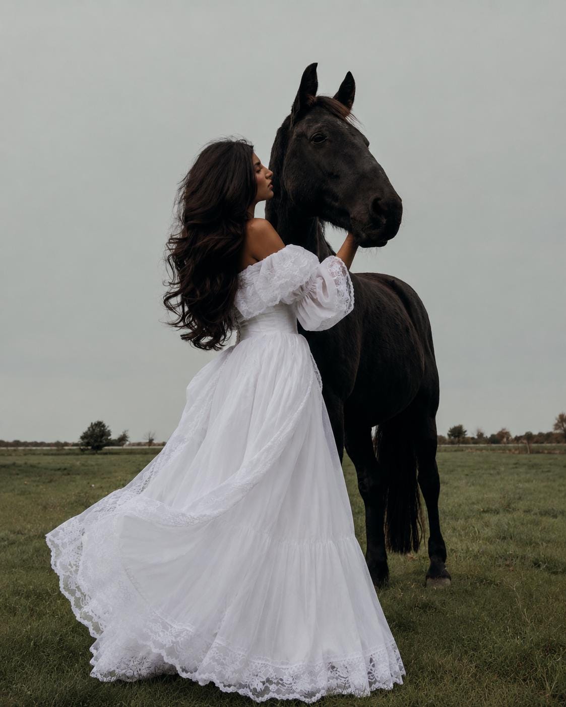 May include: A floor-length white dress with off-the-shoulder puff sleeves and intricate lace detailing along the neckline and hem. The garment features a full, flowing skirt made of layered fabric, standing next to a large black horse in a field.