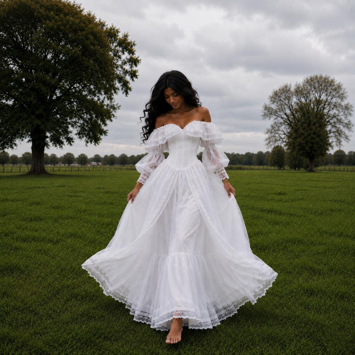 May include: A floor-length white dress featuring an off-the-shoulder neckline with ruffled lace trim, long sheer sleeves with lace cuffs, and a full, flowing skirt with a tiered lace hemline, constructed from lightweight, semi-sheer fabric.