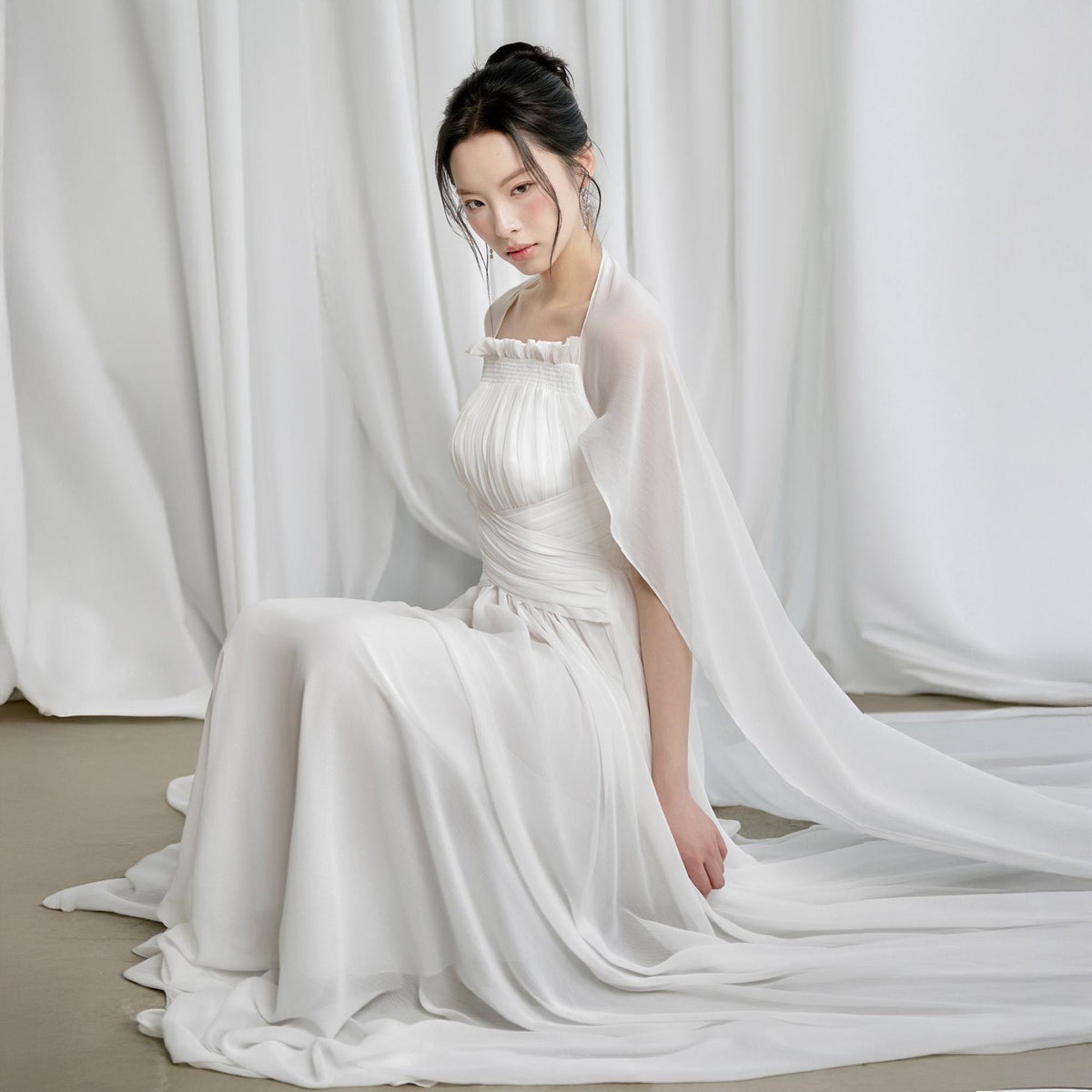 Minimalist Chiffon Wedding Dress with Cape, Ethereal Bridal Gown