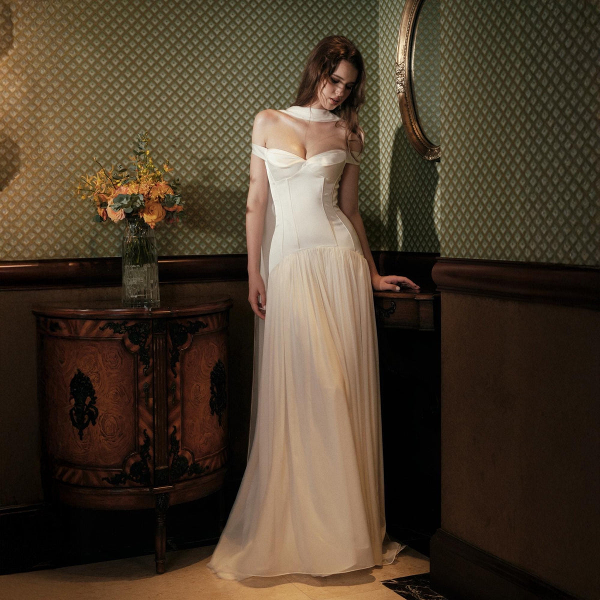 Silk Satin Off Shoulder Wedding Gown Romantic Bridal Dress Minimalist Garden Ceremony Prom Elegant Evening Wear