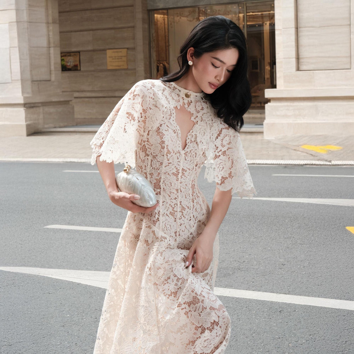 Lace Maxi Dress with Cape, Simple Wedding Dress, Bridal Shower Outfit, Wedding Guest Dress, Bachelorette Party Dress, Prom Gown