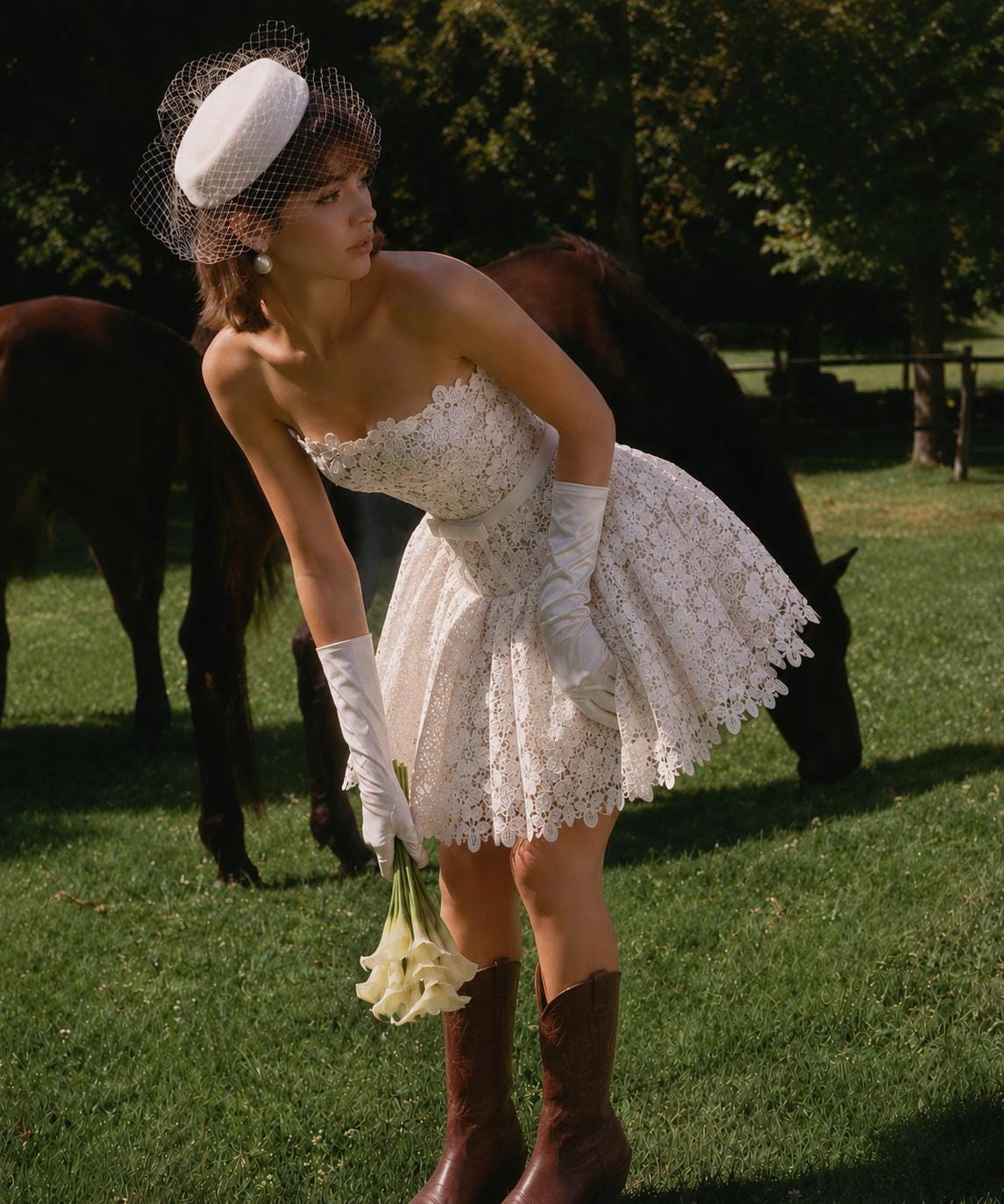 May include: A strapless white lace mini dress with a scalloped hem, paired with white opera-length gloves, a white pillbox hat with a birdcage veil, and brown leather cowboy boots. The ensemble includes a small bouquet of white calla lilies.