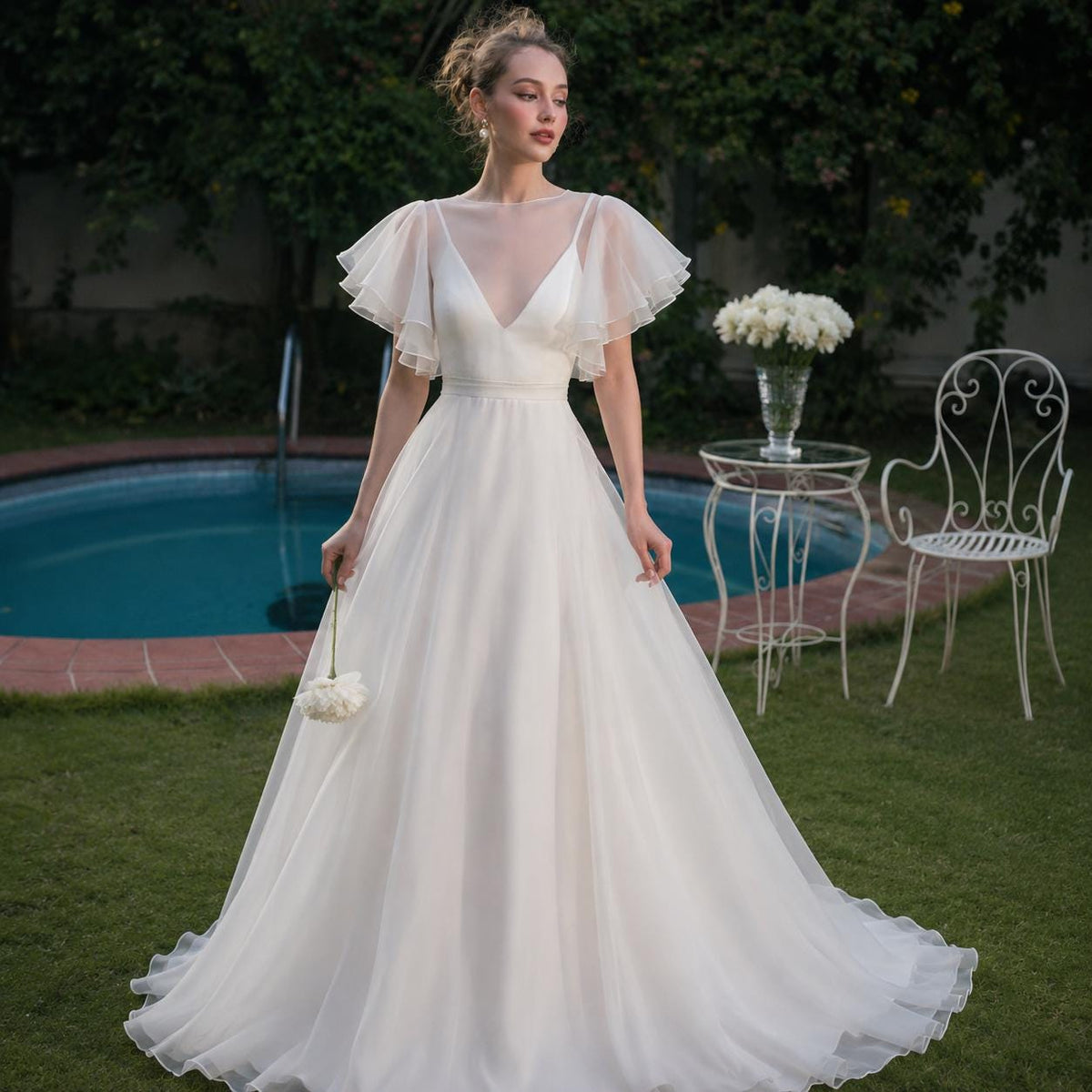 Silk Wedding Dress, Chiffon Overlay Bridal Gown, Romantic A-Line Ceremony Outfit, Minimalist Bride Wear, Garden Party Couture