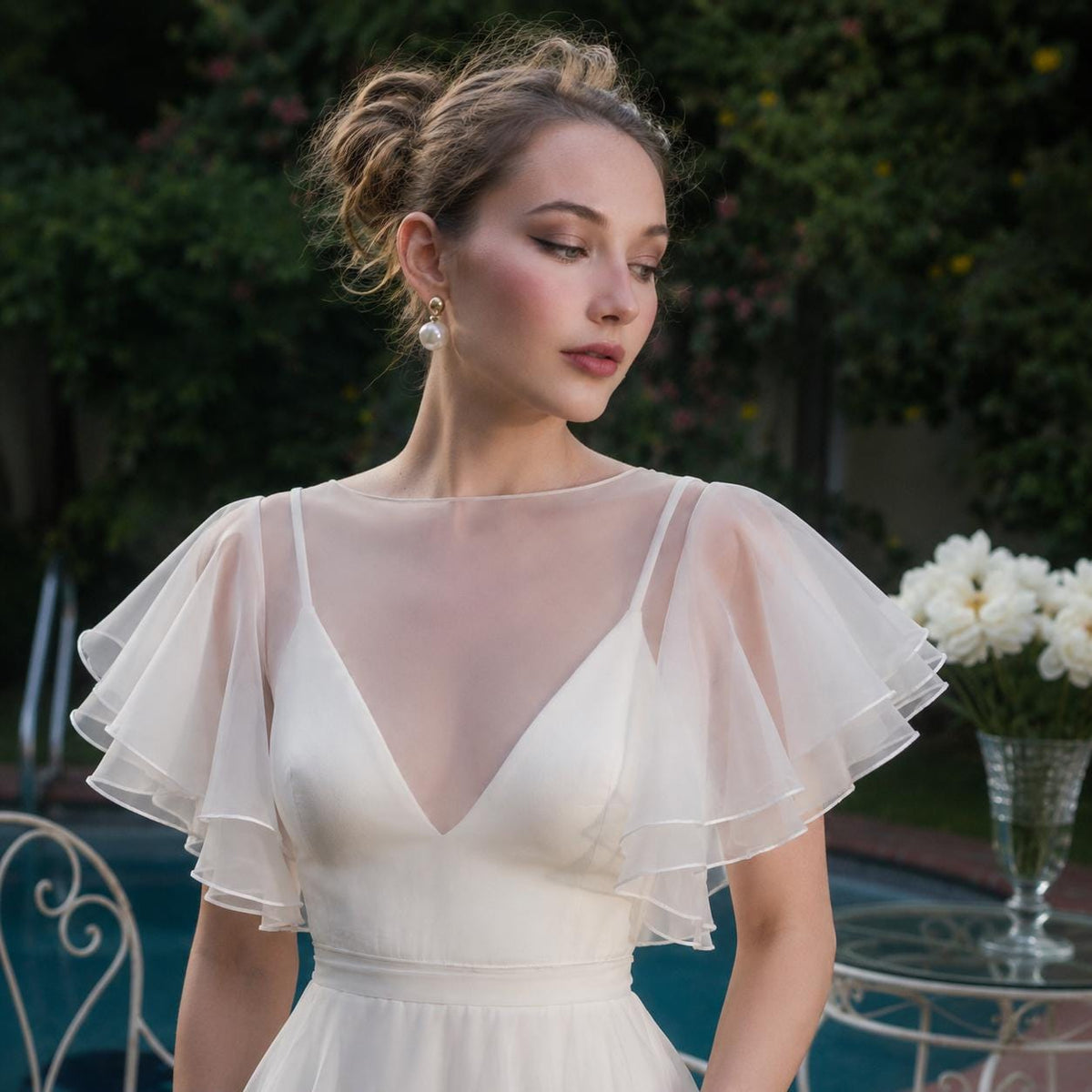 May include: An ivory-colored dress featuring a sheer illusion neckline and layered, ruffled flutter sleeves. The bodice has a V-neckline underneath the sheer overlay, and the garment is constructed with a fitted waistline and flowing fabric.