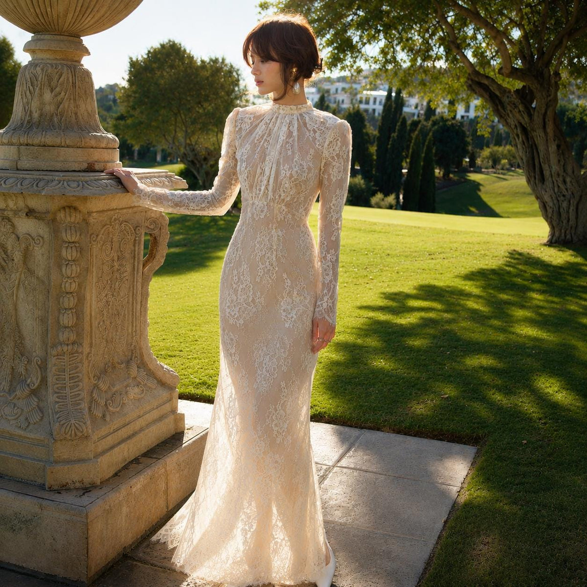 Minimalist Bridal Lace Gown, High Neck Long Sleeve Dress, Doll Sleeve Reception Outfit, Elopement Ceremony Wear