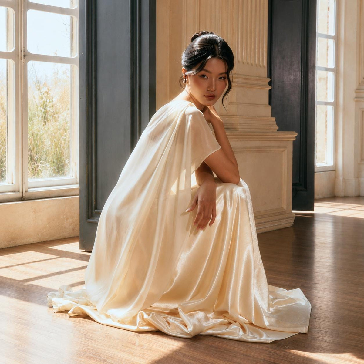 May include: A floor-length, cream-colored satin gown featuring a draped, loose-fitting silhouette with wide, flowing sleeves. The fabric has a smooth, reflective sheen and pools gently on the floor, creating soft folds throughout the garment.