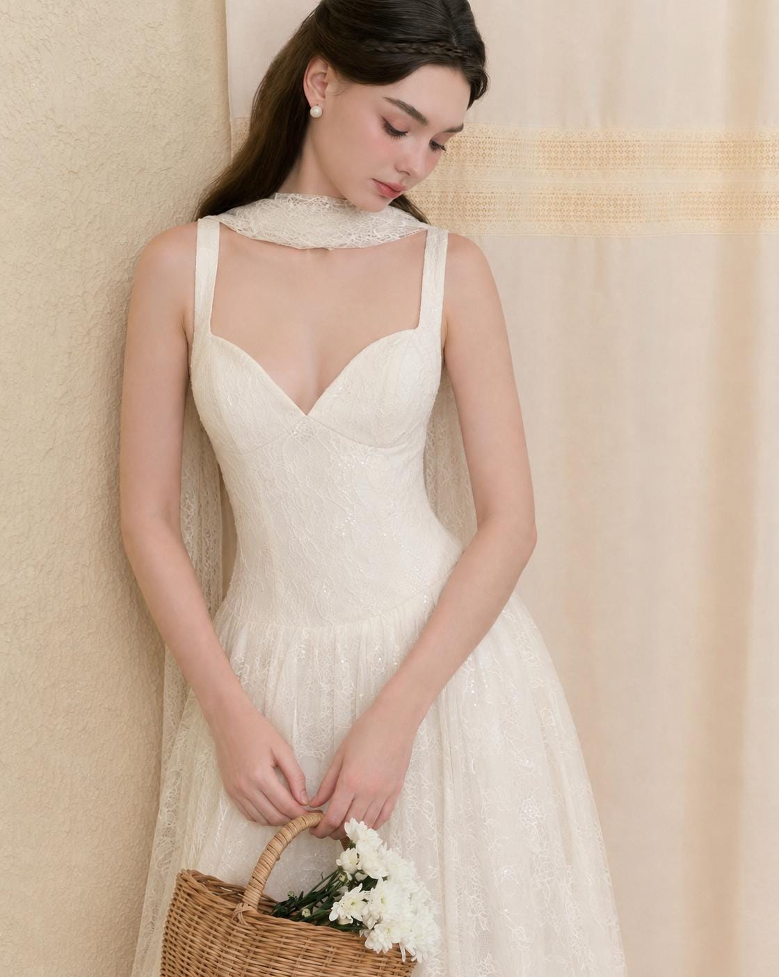 May include: An ivory lace dress featuring a sweetheart neckline, thick shoulder straps, and a fitted bodice that transitions into a full skirt. The garment includes a matching lace neck scarf and is paired with a woven wicker basket containing white flowers.